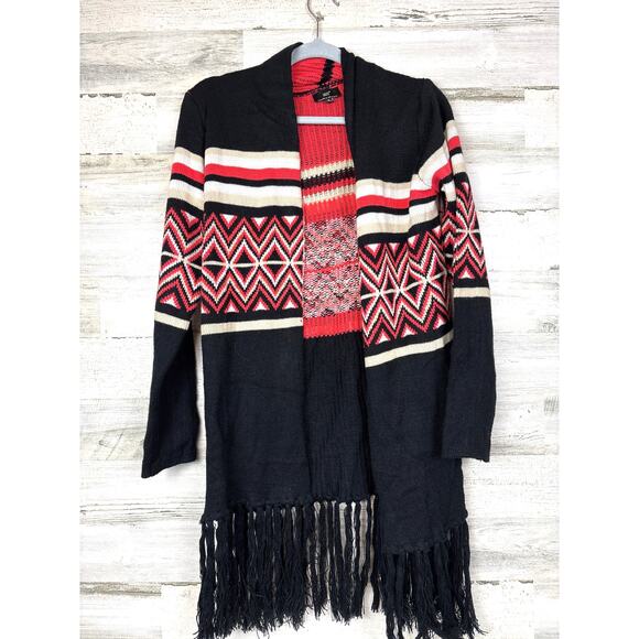 iris Sweaters - Iris Women’s M Black Orange Boho Long Sleeve Fringe Cardigan Sweater Soft Cozy